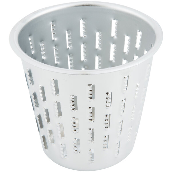 A silver stainless steel Vollrath King Kutter cone with holes.