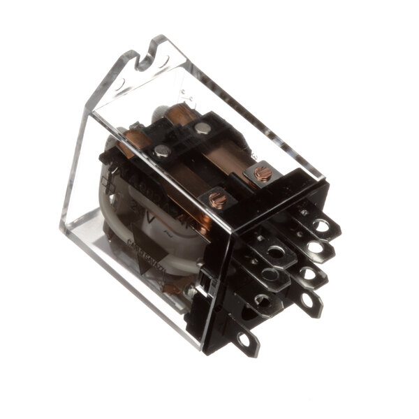 A transparent electrical relay with white and brown metal parts inside.