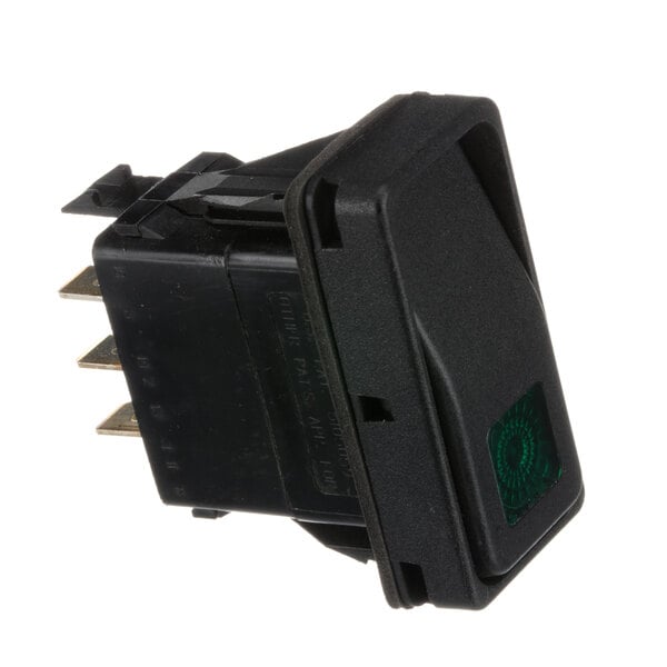 A black electrical switch with a green light.