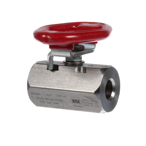 A stainless steel US Range valve with an oval red handle.