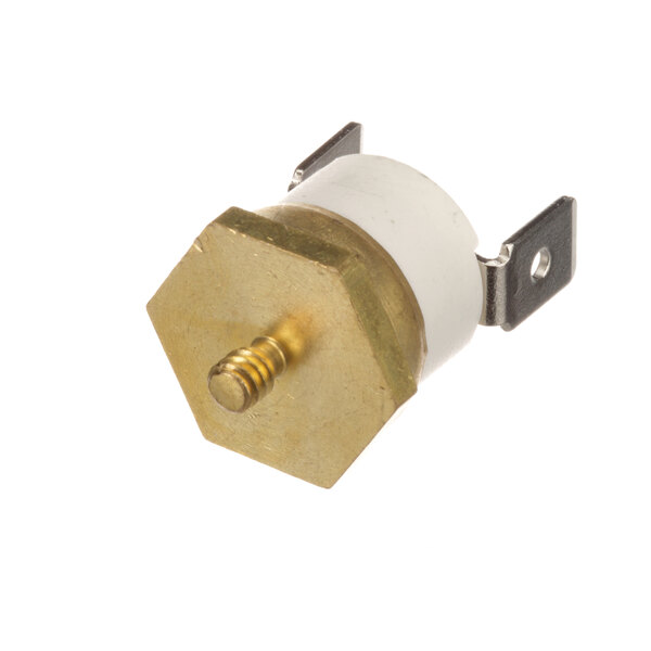 A Groen thermostat with a gold and white metal valve and nut.