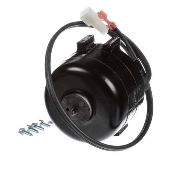A black electric motor with wires and screws.