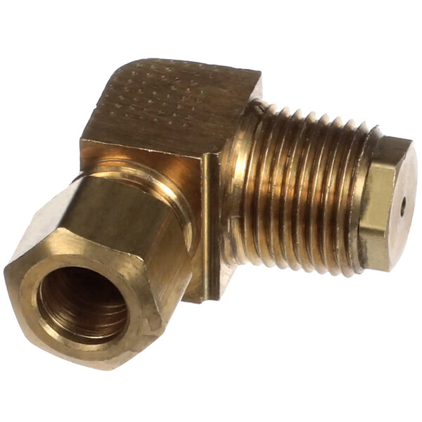 A gold metal pipe fitting with a nut.