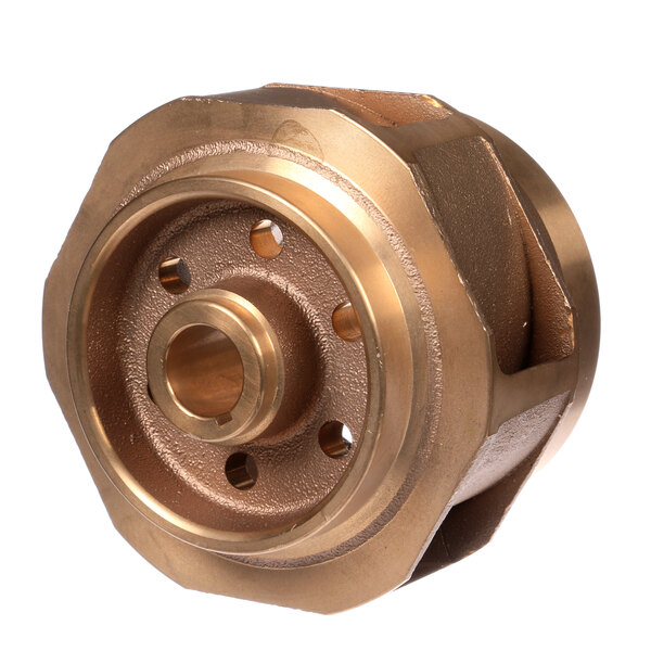 A close-up of a brass Power Soak impeller with a hole in the middle.