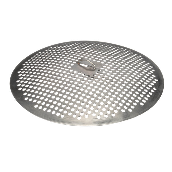 A stainless steel Groen strainer plate with holes.
