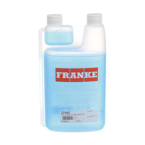 A Franke liquid coffee cleaner in a plastic bottle with a red and white label.