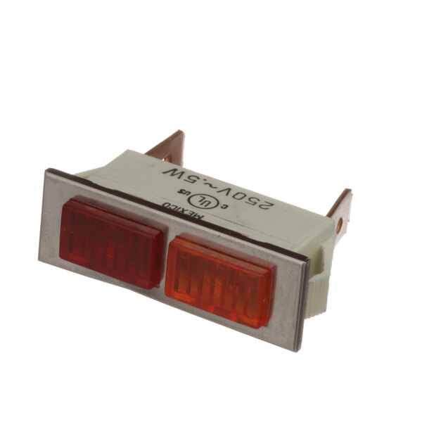 A close-up of a red and orange rectangular signal light with a white background.