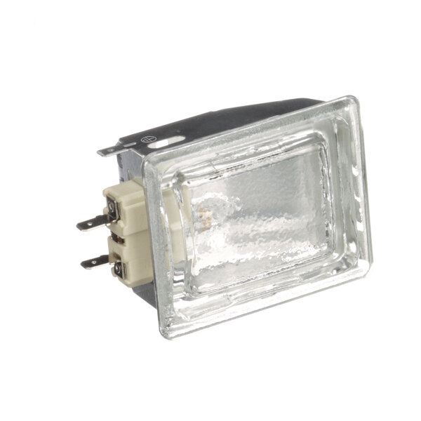 A clear glass light bulb with a white cover.