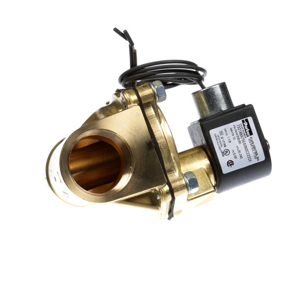 A close-up of a brass Stero water solenoid valve with a wire attached.