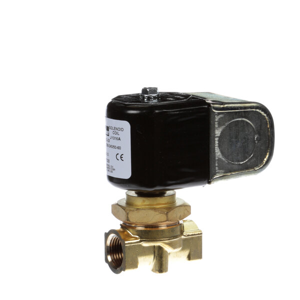A close up of a Stero water solenoid valve with a brass body and black cover.