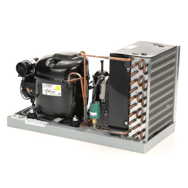 A Randell condensing unit with copper and black tubes.