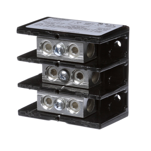 A stack of Blakeslee black and silver terminal blocks with black electrical connectors.