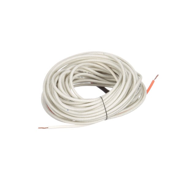 A roll of white wire with orange wires inside.