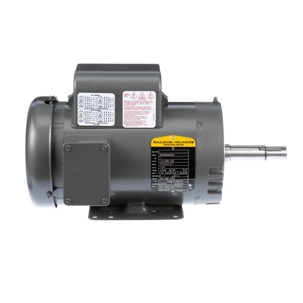 A grey Baldor electric motor with a yellow label.
