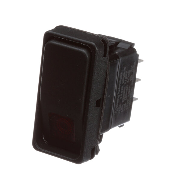 A close up of a black Cleveland On/Off Rocker Switch with a red light.