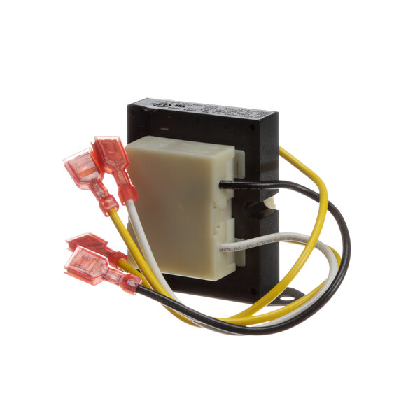 A close-up of a white rectangular Antunes transformer with wires.