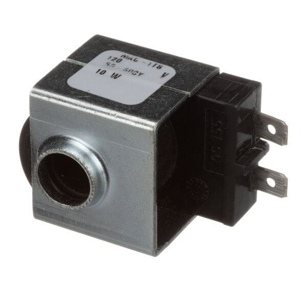 A small square metal device with a black and white label.