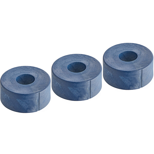 A pack of three blue rubber bushings.