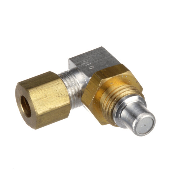 A brass and metal pilot orifice fitting with a brass nut.