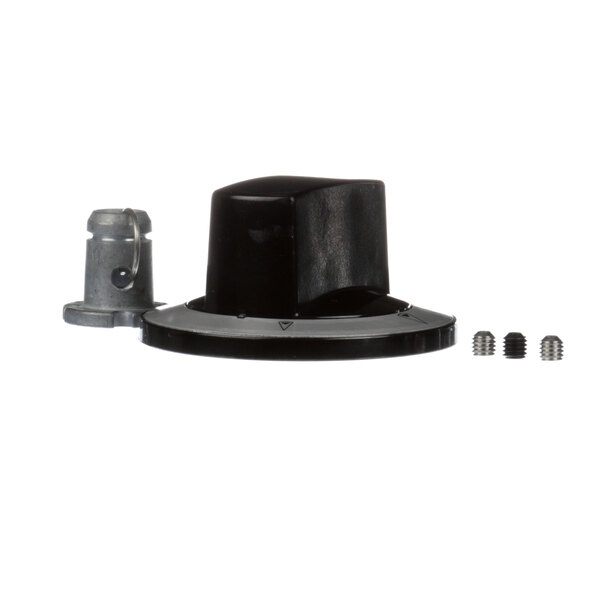 A black plastic knob with a silver screw and nut.