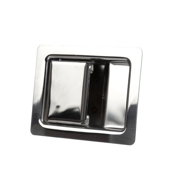 A silver rectangular Caddy latch with a black handle.
