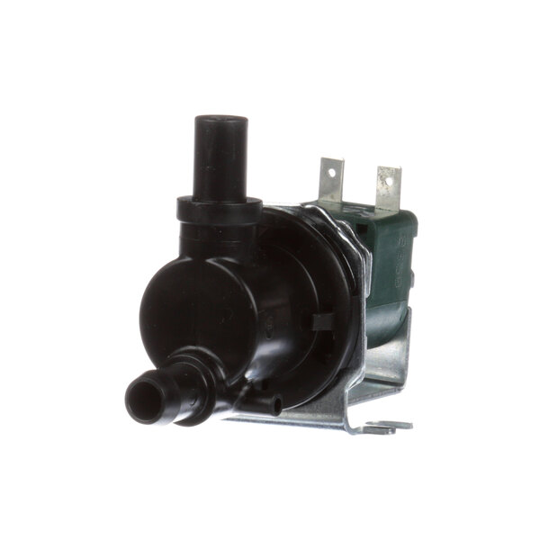 A black plastic water valve with a black handle.