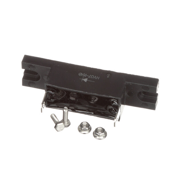 A black plastic piece with screws and nuts.