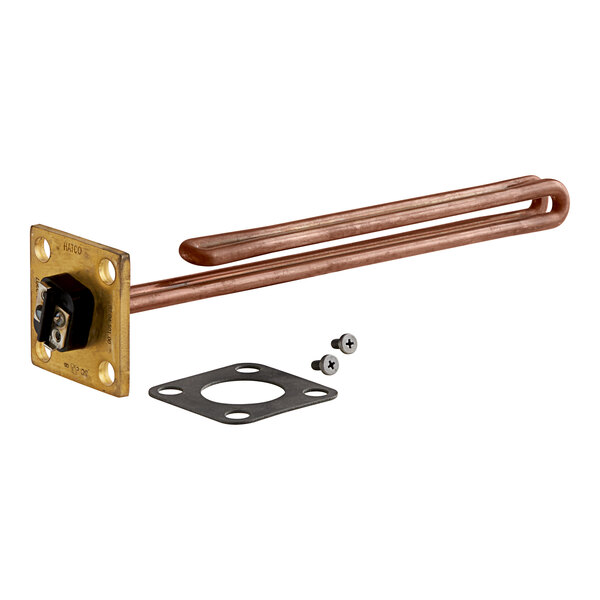 A Hatco heating element with a copper pipe, metal circle, and square metal plate with a screw and nut.