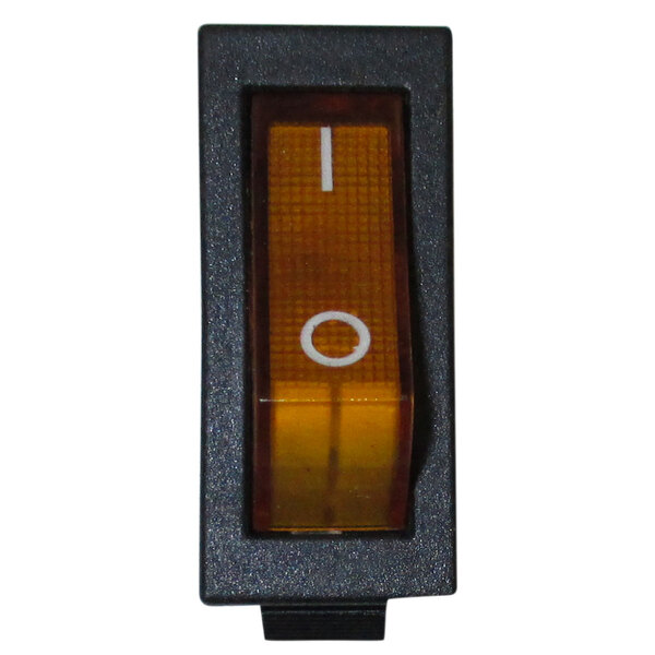 A black and yellow ARY VacMaster rocker switch with a white circle on the switch.