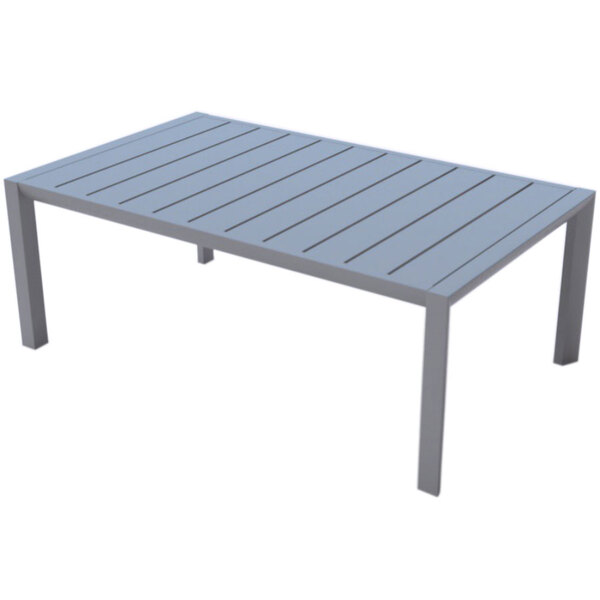 A gray metal Grosfillex cocktail table with slats on a outdoor patio.