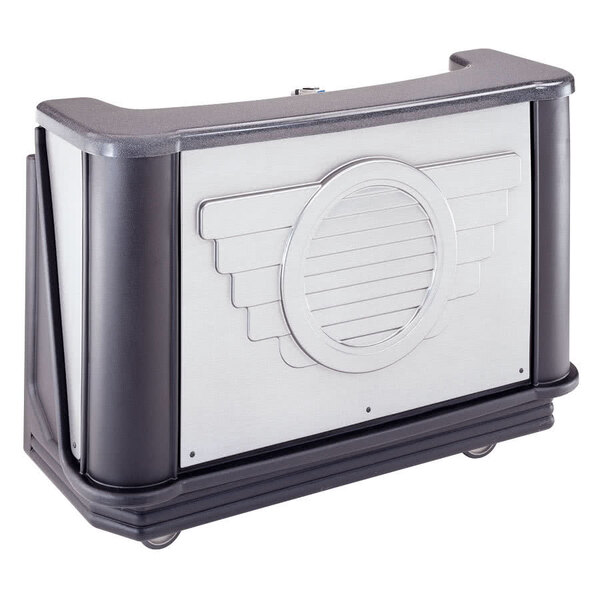 A black and silver rectangular Cambro portable bar with a round design on the front.