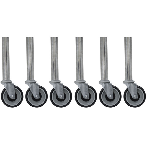 A row of Advance Tabco metal casters with black wheels.