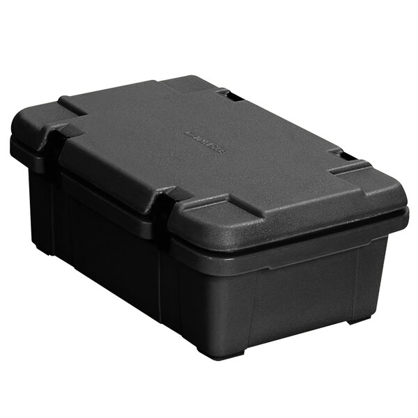 A Carlisle black plastic top loading food pan carrier.