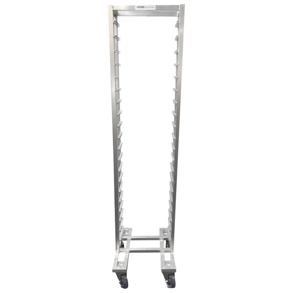 A white metal Channel LPNS-19 steam table pan rack with shelves on wheels.
