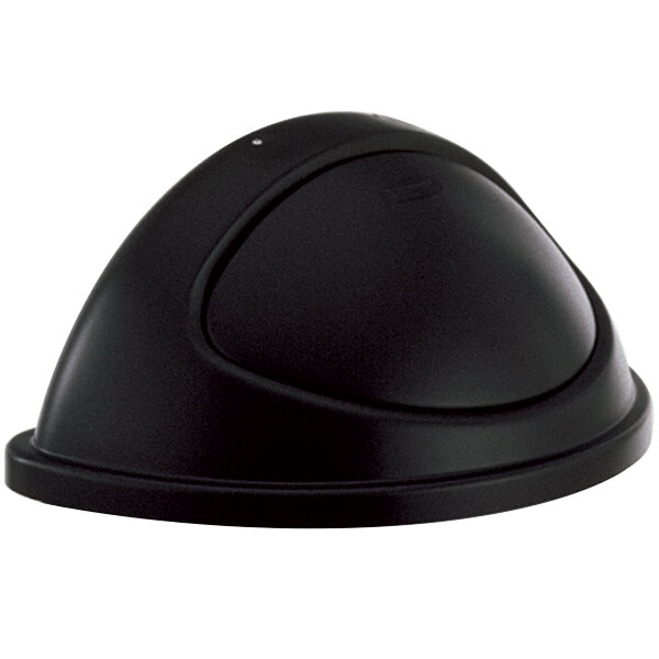 A black plastic Rubbermaid half round trash can lid with a swing door.