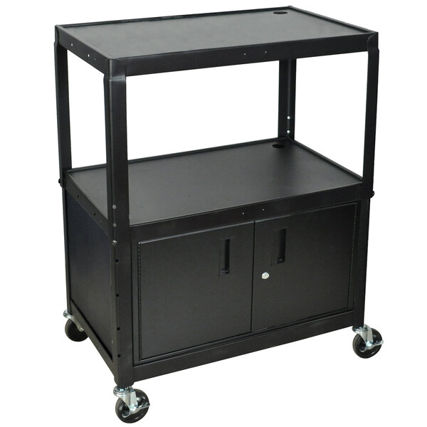 A black metal Luxor AV cart with two shelves and two doors on wheels.