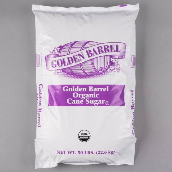 A white bag of Golden Barrel Organic Cane Sugar with purple text.