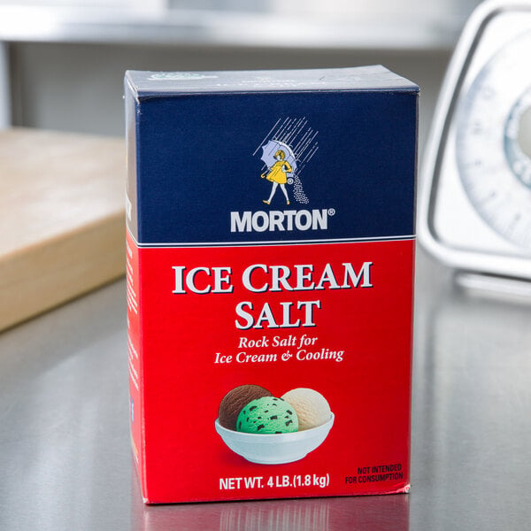 A box of Morton Ice Cream Rock Salt on a counter.