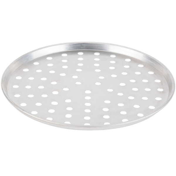 An American Metalcraft round silver metal pizza tray with holes.