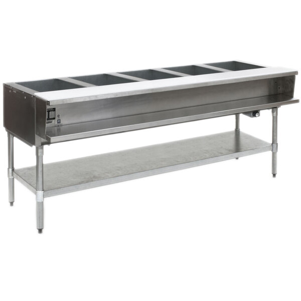 A large stainless steel Eagle Group natural gas steam table with five compartments on a metal counter.