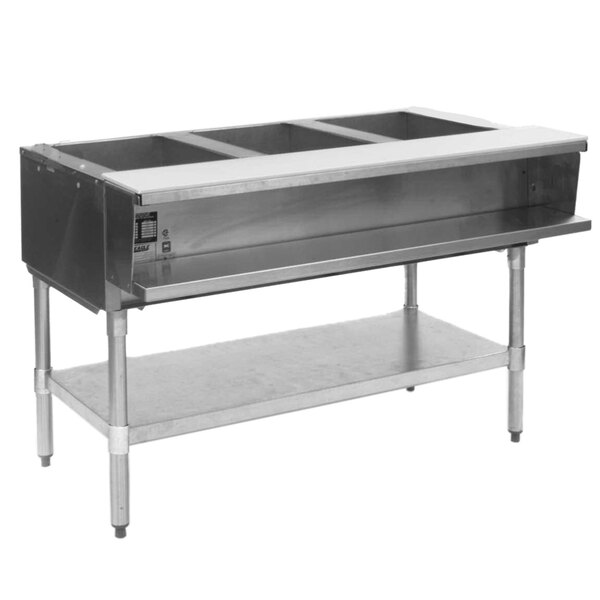 A stainless steel Eagle Group commercial steam table with three sealed wells.