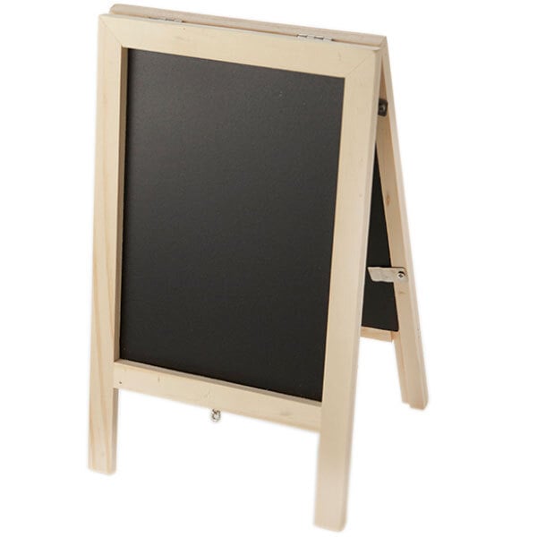 An American Metalcraft mini tabletop sandwich board with a black chalkboard and wooden frame.