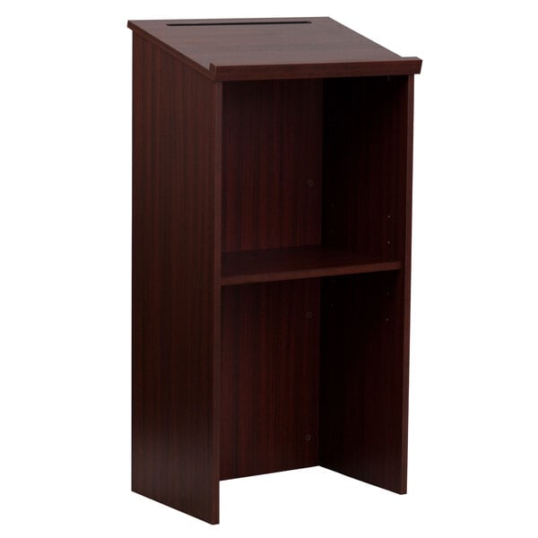 A mahogany wooden lectern with a shelf.