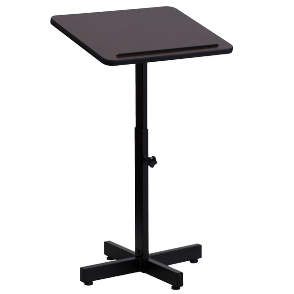 A black rectangular lectern with a metal base.