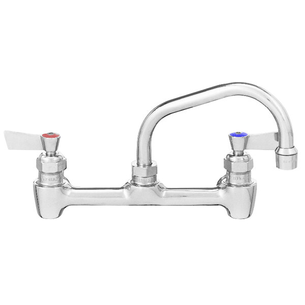 A Fisher wall mount faucet with two handles and an 8" swing spout.