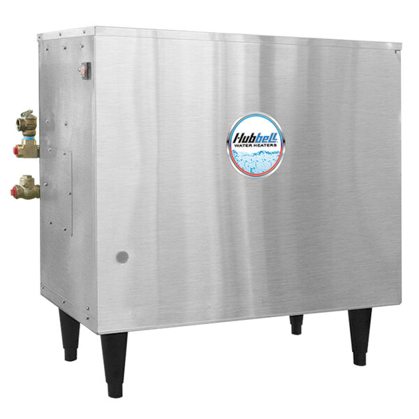 A silver rectangular stainless steel Hubbell Liquid Propane Tankless Booster Heater with black legs.