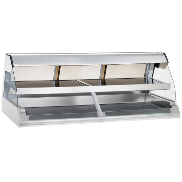 A stainless steel Alto-Shaam countertop heated display case with curved glass shelves.