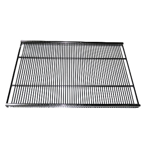 A chrome coated wire shelf with a metal grid.