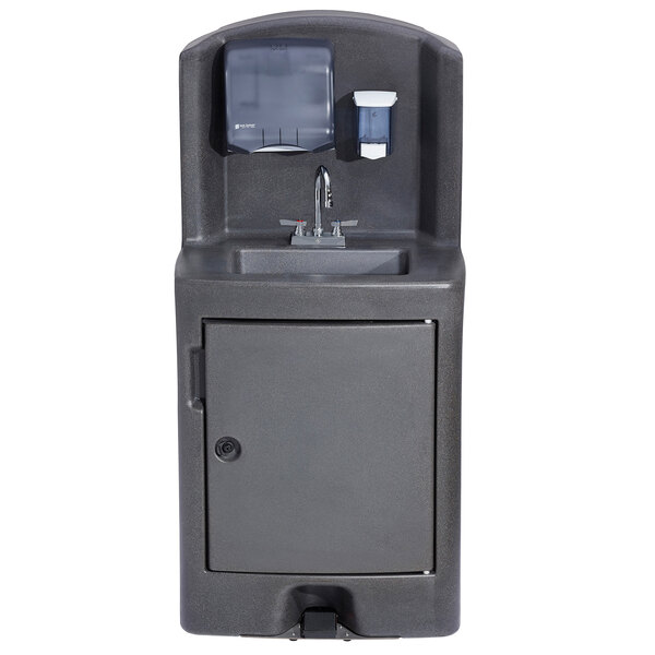 A black Crown Verity portable hand sink with a rectangular bowl and water dispenser.