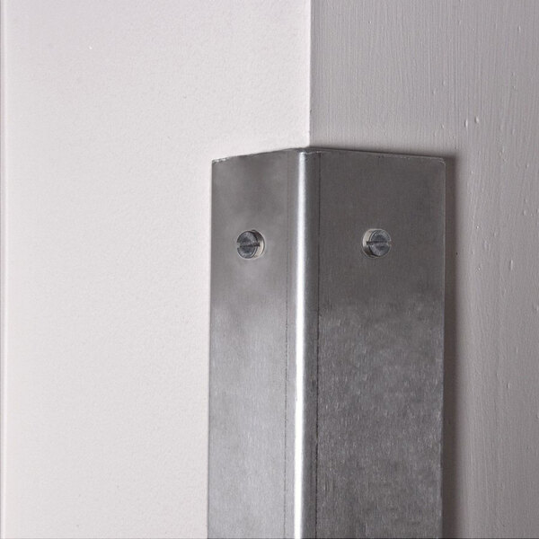 A close-up of a stainless steel wall corner guard with screws on a white background.